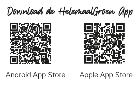 Op de afbeelding staan twee QR-codes om de app van HelemaalGroen te downloaden in de Andriod App Store en de Apple App Store.