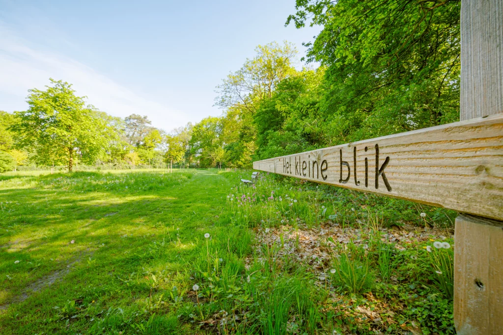 Houten bank met de naam ‘Het kleine blik’ in een groen natuurgebied.
